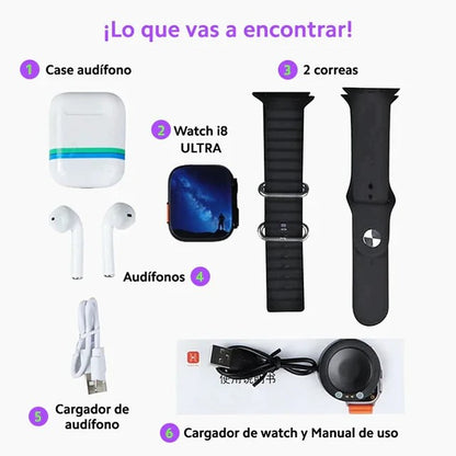 Combo SmartWatch I8 Ultra Big 2.0 + Audifonos